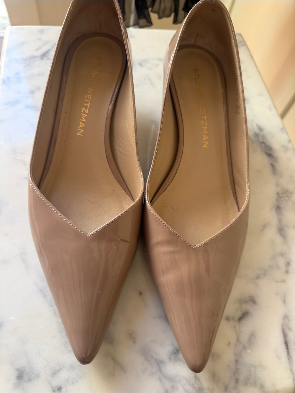 Stuart Weitzman Patent Pointed-Toe Flats in Blush Taupe